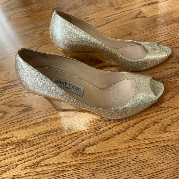 Jimmy Choo Gold Peep Toe metallic gold with gold wedge