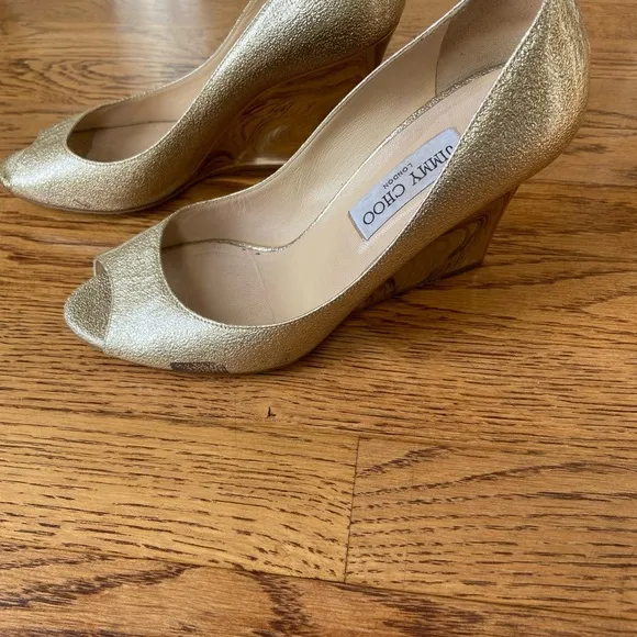 Jimmy Choo Gold Peep Toe metallic gold with gold wedge