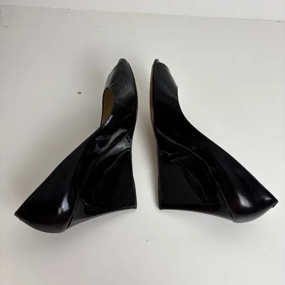 Jimmy Choo Heels Black Patent Leather Peep Toe Wedge Shoes Size 39