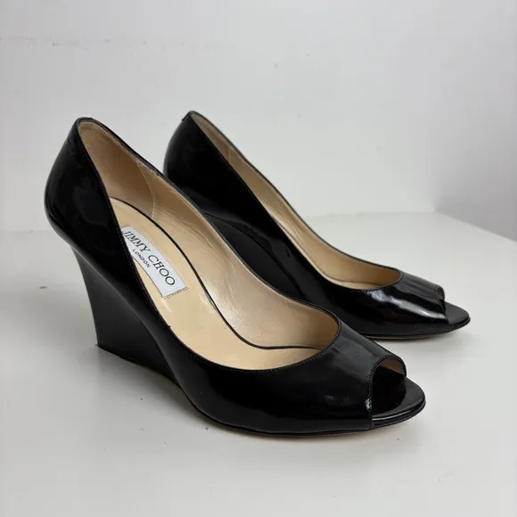 Jimmy Choo Heels Black Patent Leather Peep Toe Wedge Shoes Size 39