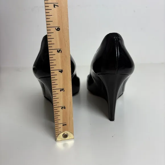Jimmy Choo Heels Black Patent Leather Peep Toe Wedge Shoes Size 39