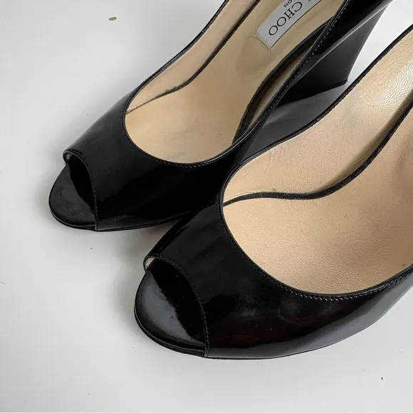 Jimmy Choo Heels Black Patent Leather Peep Toe Wedge Shoes Size 39