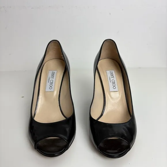 Jimmy Choo Heels Black Patent Leather Peep Toe Wedge Shoes Size 39