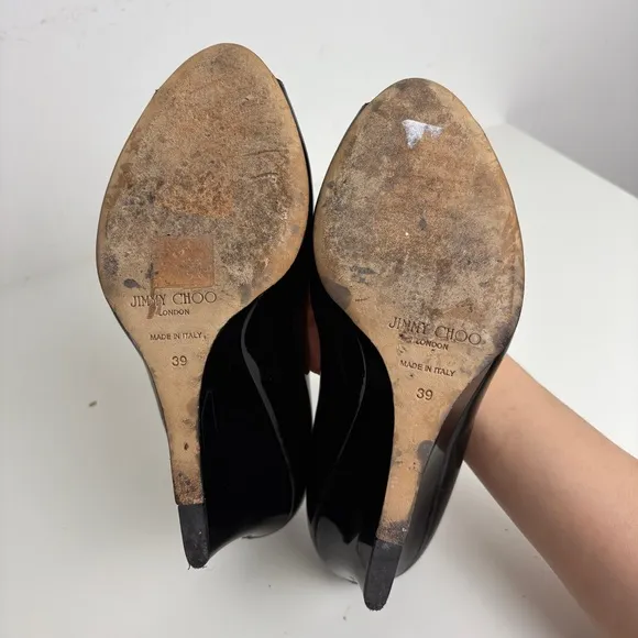 Jimmy Choo Heels Black Patent Leather Peep Toe Wedge Shoes Size 39