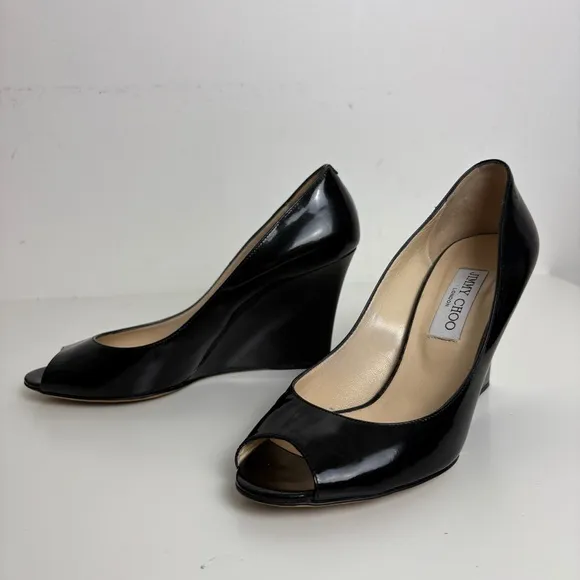 Jimmy Choo Heels Black Patent Leather Peep Toe Wedge Shoes Size 39