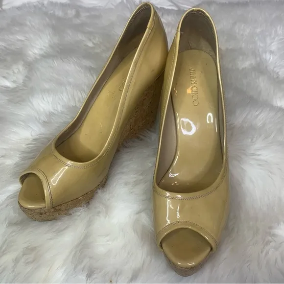 Jimmy Choo Natural Papina Patent Leather and Cork Wedges