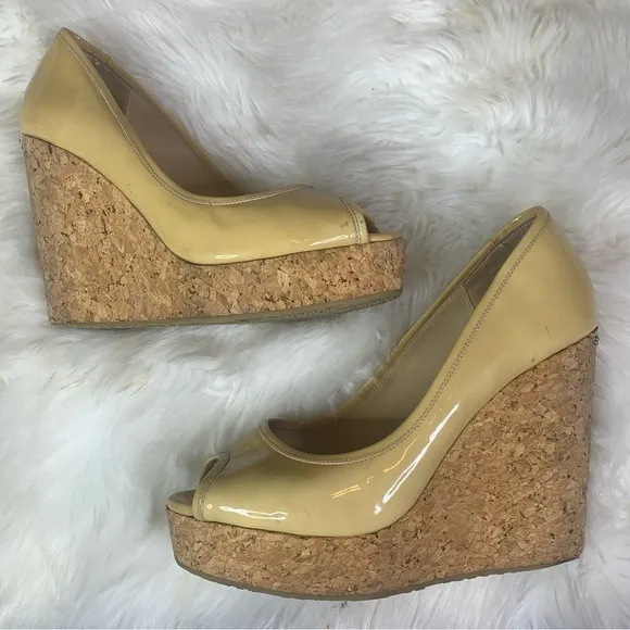 Jimmy Choo Natural Papina Patent Leather and Cork Wedges
