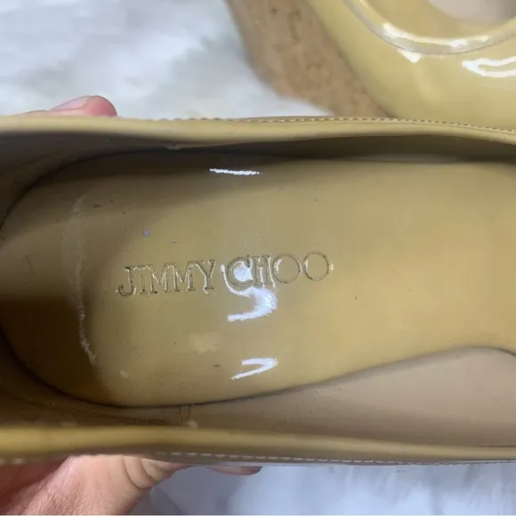 Jimmy Choo Natural Papina Patent Leather and Cork Wedges
