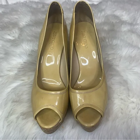 Jimmy Choo Natural Papina Patent Leather and Cork Wedges