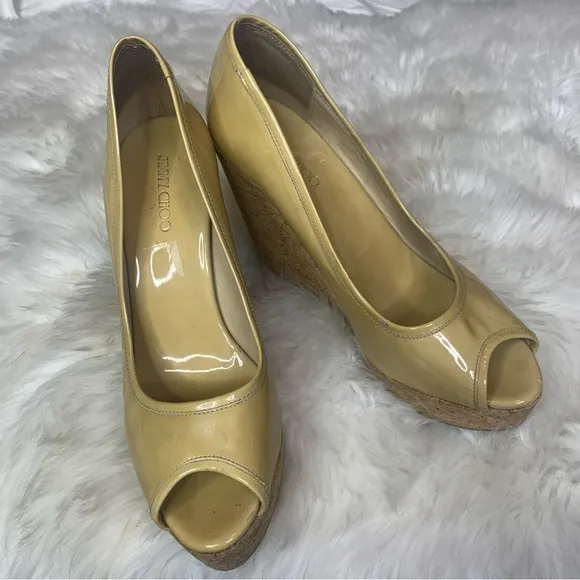 Jimmy Choo Natural Papina Patent Leather and Cork Wedges