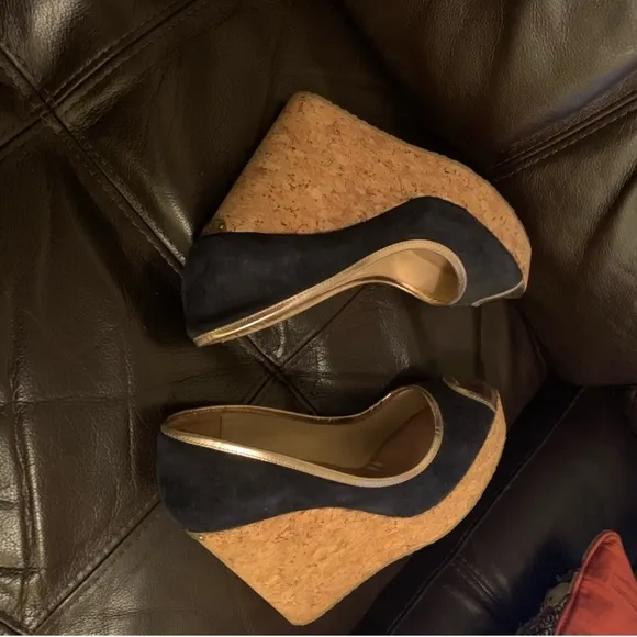 Jimmy Choo navy blue gold peep toe wedges size EU 39.5 US 9-9.5