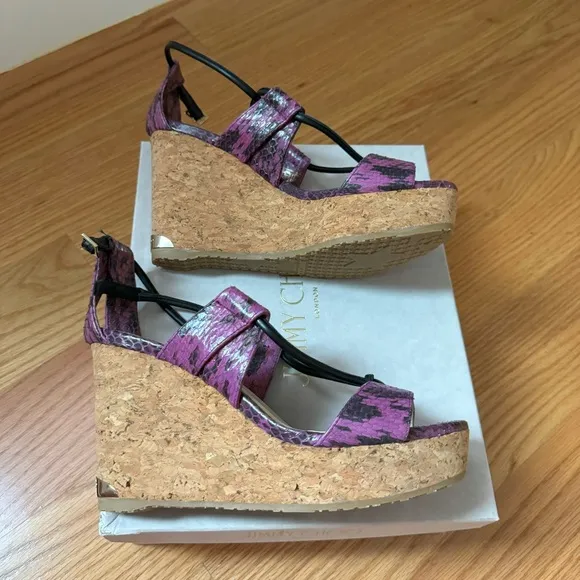 Jimmy Choo Nelson 100 Madeline Elaphe Cork Wedges Platform Sandals