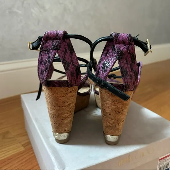 Jimmy Choo Nelson 100 Madeline Elaphe Cork Wedges Platform Sandals