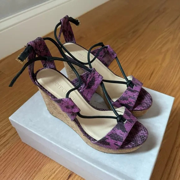 Jimmy Choo Nelson 100 Madeline Elaphe Cork Wedges Platform Sandals