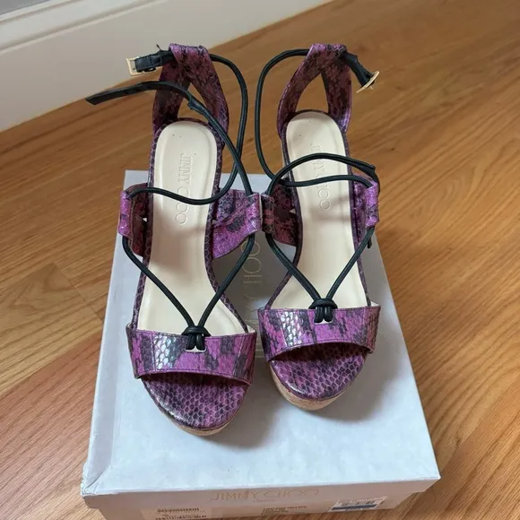 Jimmy Choo Nelson 100 Madeline Elaphe Cork Wedges Platform Sandals