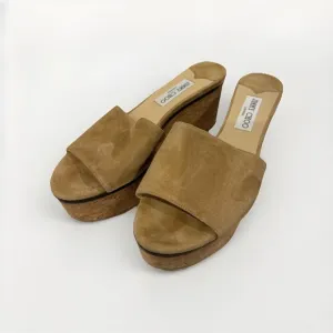 Jimmy Choo Nude Beige Suede Deedee Slip On Cork Platform Wedges Size 39