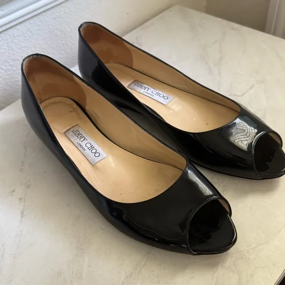 JIMMY CHOO Patent Leather Open Toe Kitten Wedges