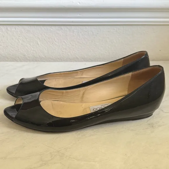 JIMMY CHOO Patent Leather Open Toe Kitten Wedges