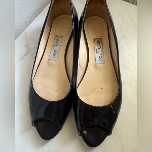 JIMMY CHOO Patent Leather Open Toe Kitten Wedges