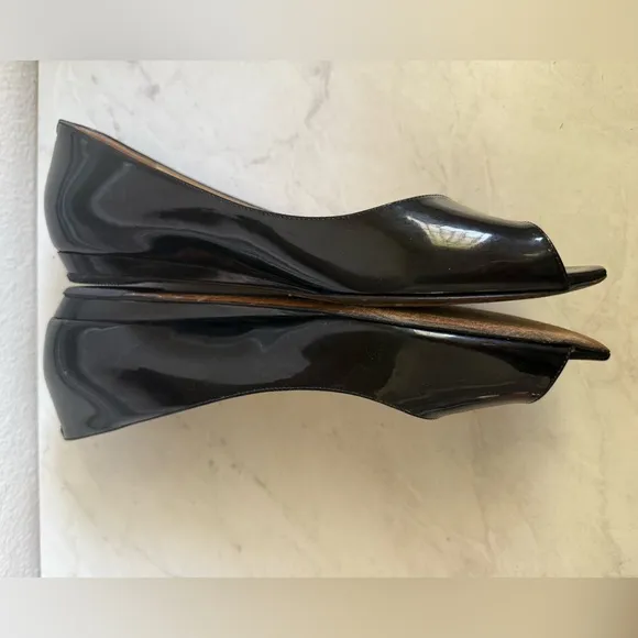 JIMMY CHOO Patent Leather Open Toe Kitten Wedges