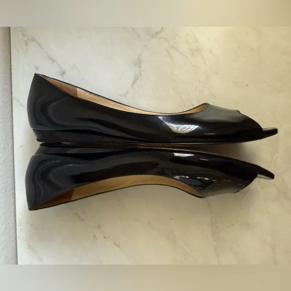 JIMMY CHOO Patent Leather Open Toe Kitten Wedges