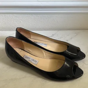 JIMMY CHOO Patent Leather Open Toe Kitten Wedges