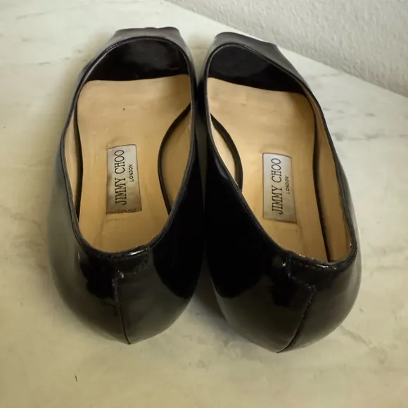 JIMMY CHOO Patent Leather Open Toe Kitten Wedges