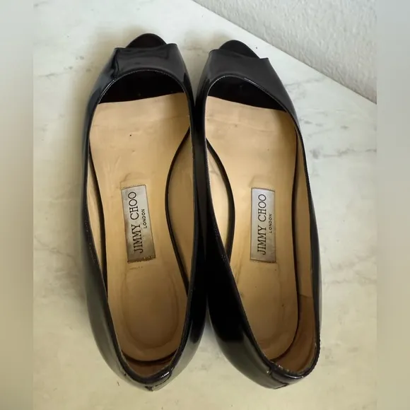 JIMMY CHOO Patent Leather Open Toe Kitten Wedges