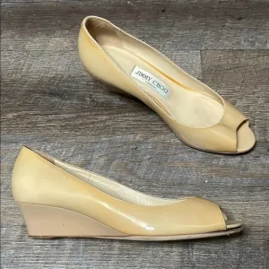 Jimmy Choo patent leather peep toe kitten wedges