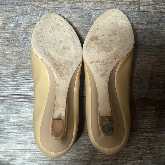 Jimmy Choo patent leather peep toe kitten wedges