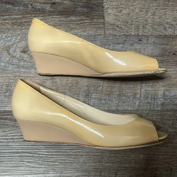 Jimmy Choo patent leather peep toe kitten wedges
