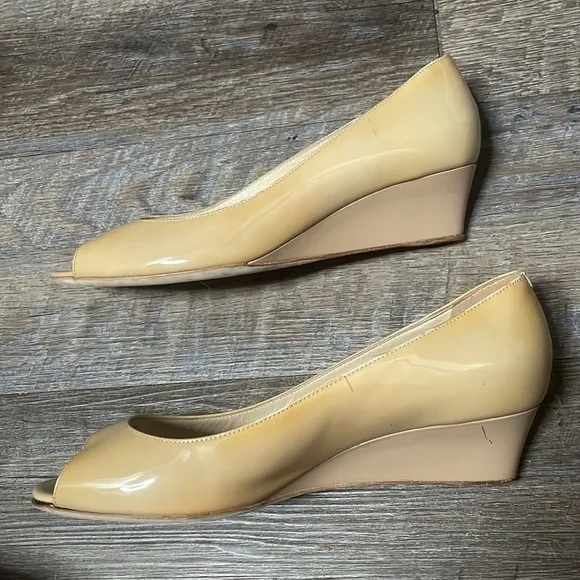Jimmy Choo patent leather peep toe kitten wedges