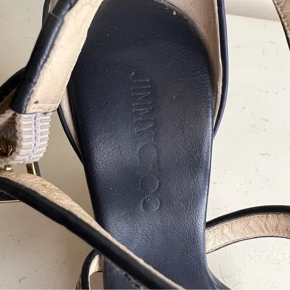 Jimmy Choo Portia Wedge Sandals Navy Cork Two-Tone Leather Size 38 EU Chic Style