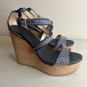 Jimmy Choo Portia Wedge Sandals Navy Cork Two-Tone Leather Size 38 EU Chic Style