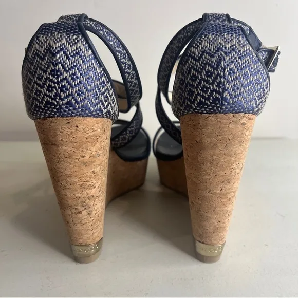 Jimmy Choo Portia Wedge Sandals Navy Cork Two-Tone Leather Size 38 EU Chic Style