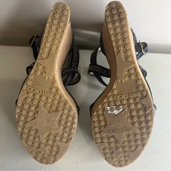Jimmy Choo Portia Wedge Sandals Navy Cork Two-Tone Leather Size 38 EU Chic Style