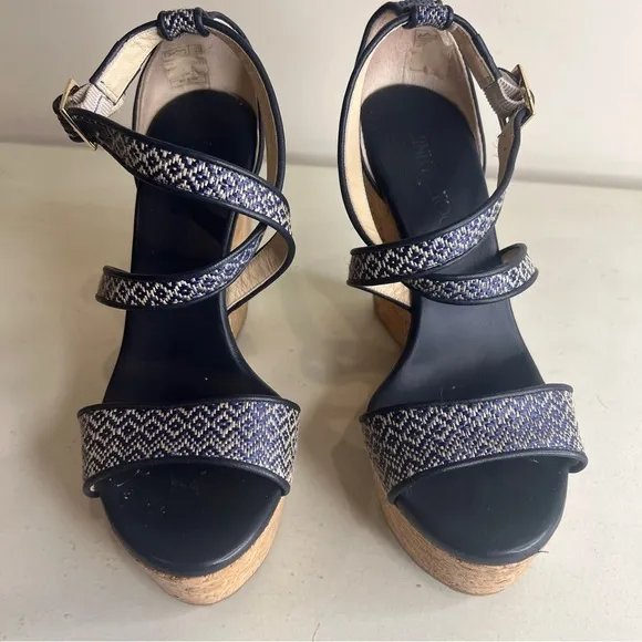 Jimmy Choo Portia Wedge Sandals Navy Cork Two-Tone Leather Size 38 EU Chic Style