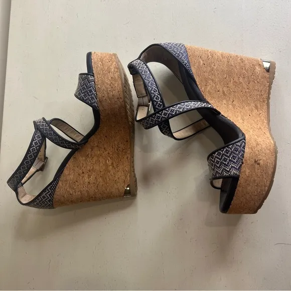 Jimmy Choo Portia Wedge Sandals Navy Cork Two-Tone Leather Size 38 EU Chic Style