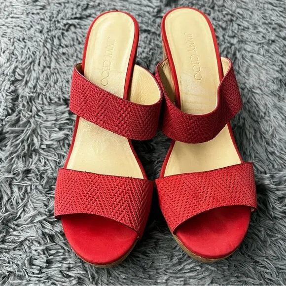 Jimmy Choo Red Strap Open Toe Wedges Size 42 (11.5)