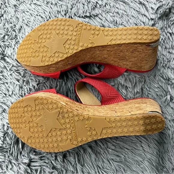 Jimmy Choo Red Strap Open Toe Wedges Size 42 (11.5)