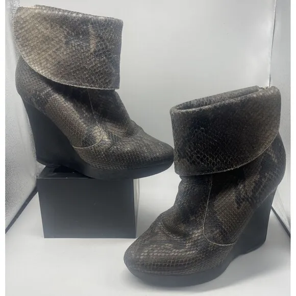 Jimmy Choo Snakeskin Foldover Wedge Booties Sz 37 1/2