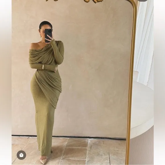JLUXLABEL brown draped ruched matching 2 piece coord set, midi dress look, NWOT