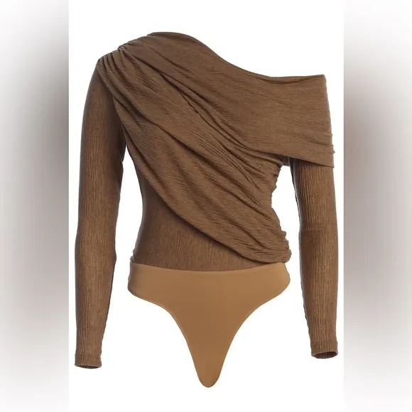 JLUXLABEL brown draped ruched matching 2 piece coord set, midi dress look, NWOT