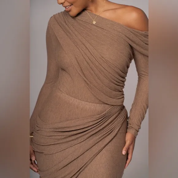 JLUXLABEL brown draped ruched matching 2 piece coord set, midi dress look, NWOT