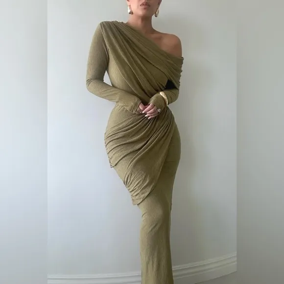 JLUXLABEL brown draped ruched matching 2 piece coord set, midi dress look, NWOT
