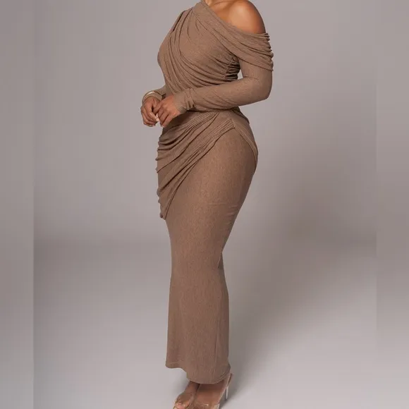 JLUXLABEL brown draped ruched matching 2 piece coord set, midi dress look, NWOT