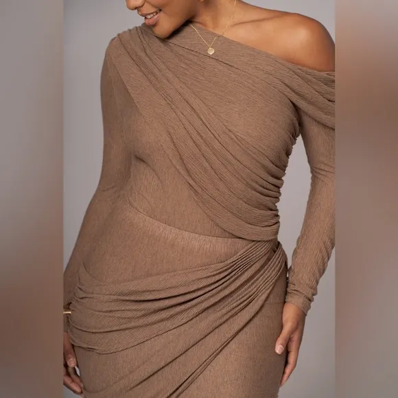 JLUXLABEL brown draped ruched matching 2 piece coord set, midi dress look, NWOT