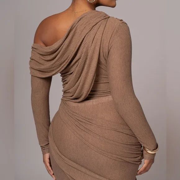 JLUXLABEL brown draped ruched matching 2 piece coord set, midi dress look, NWOT