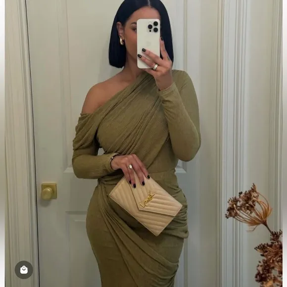 JLUXLABEL brown draped ruched matching 2 piece coord set, midi dress look, NWOT