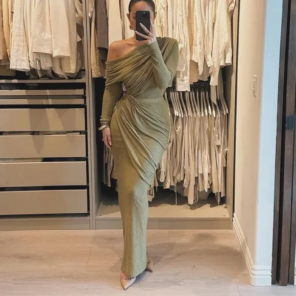 JLUXLABEL brown draped ruched matching 2 piece coord set, midi dress look, NWOT